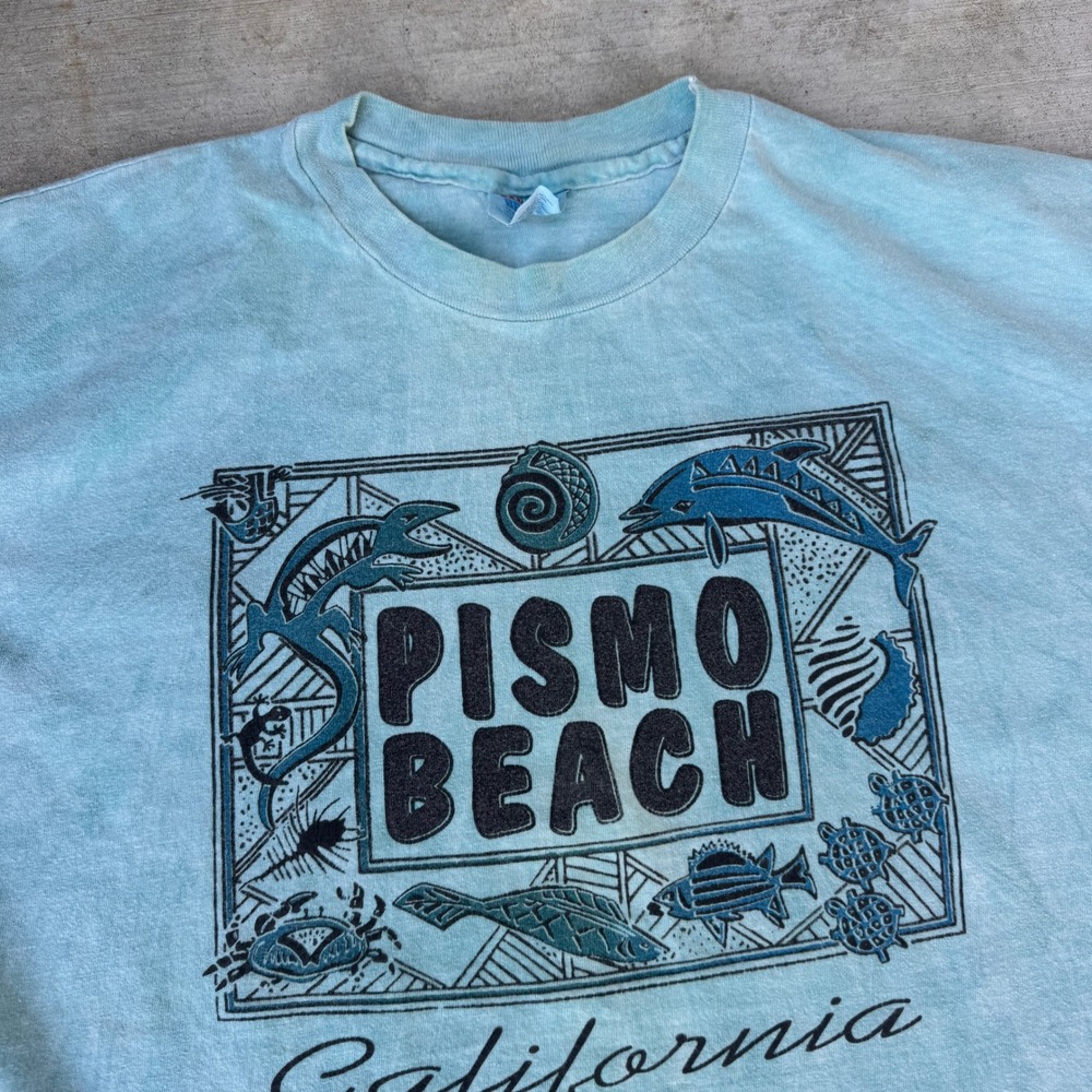 Vintage Hanes Beefy-T Pismo Beach California Graphic T-Shirt Teal XL USA Made - Picture 2 of 8